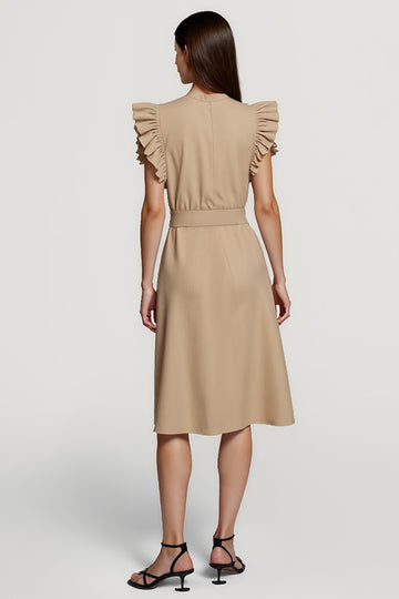 khaki Ruffle Sleeve Midi Work Dress with Sash